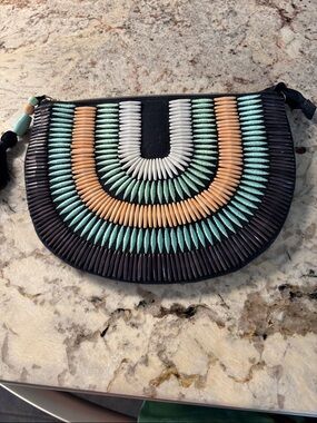 Handwoven Beaded Semi-Circle Clutch in Mint, Peach & White by Stella & Dot